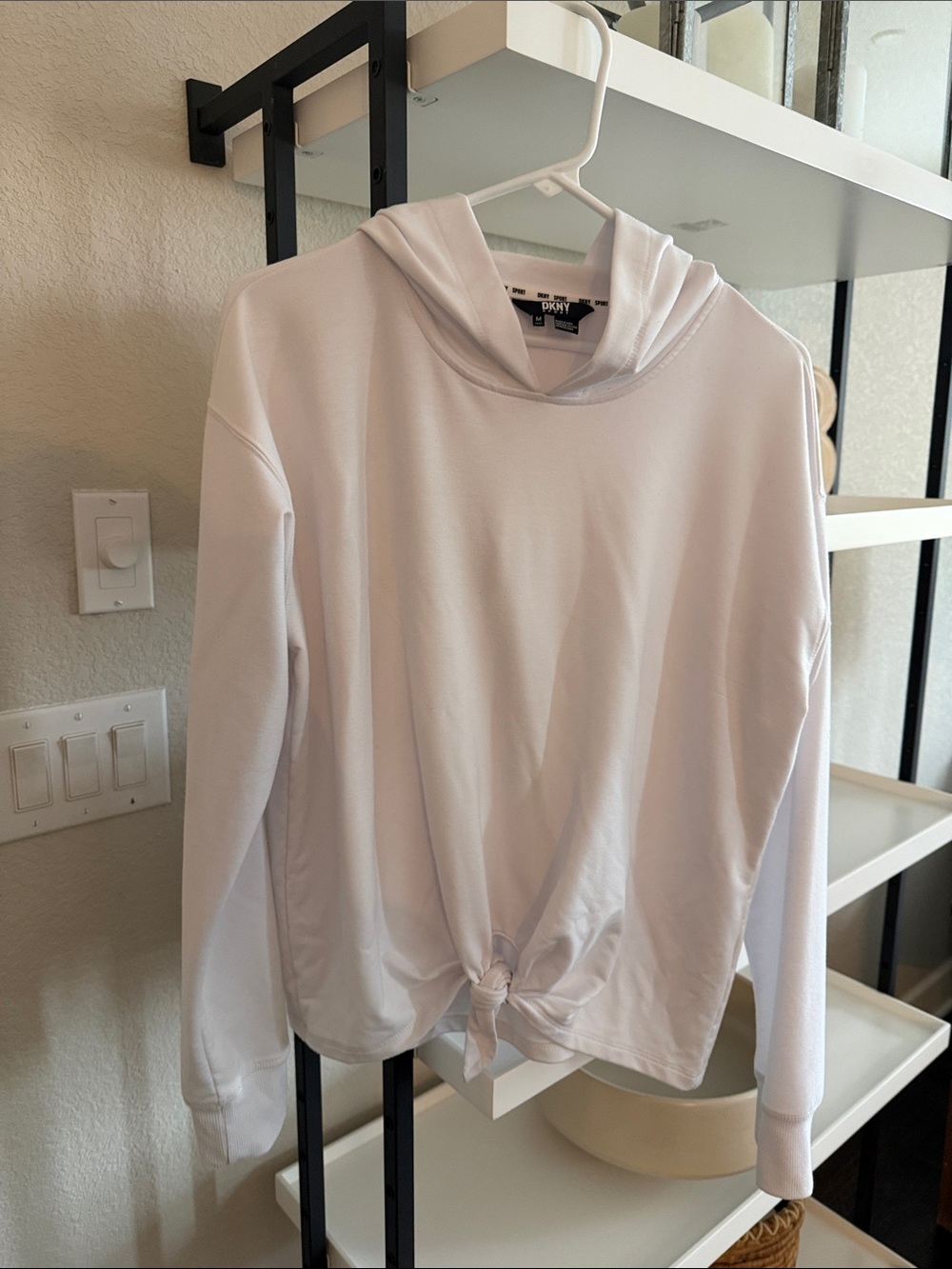 DKNY White Tie-Front Hooded Pullover